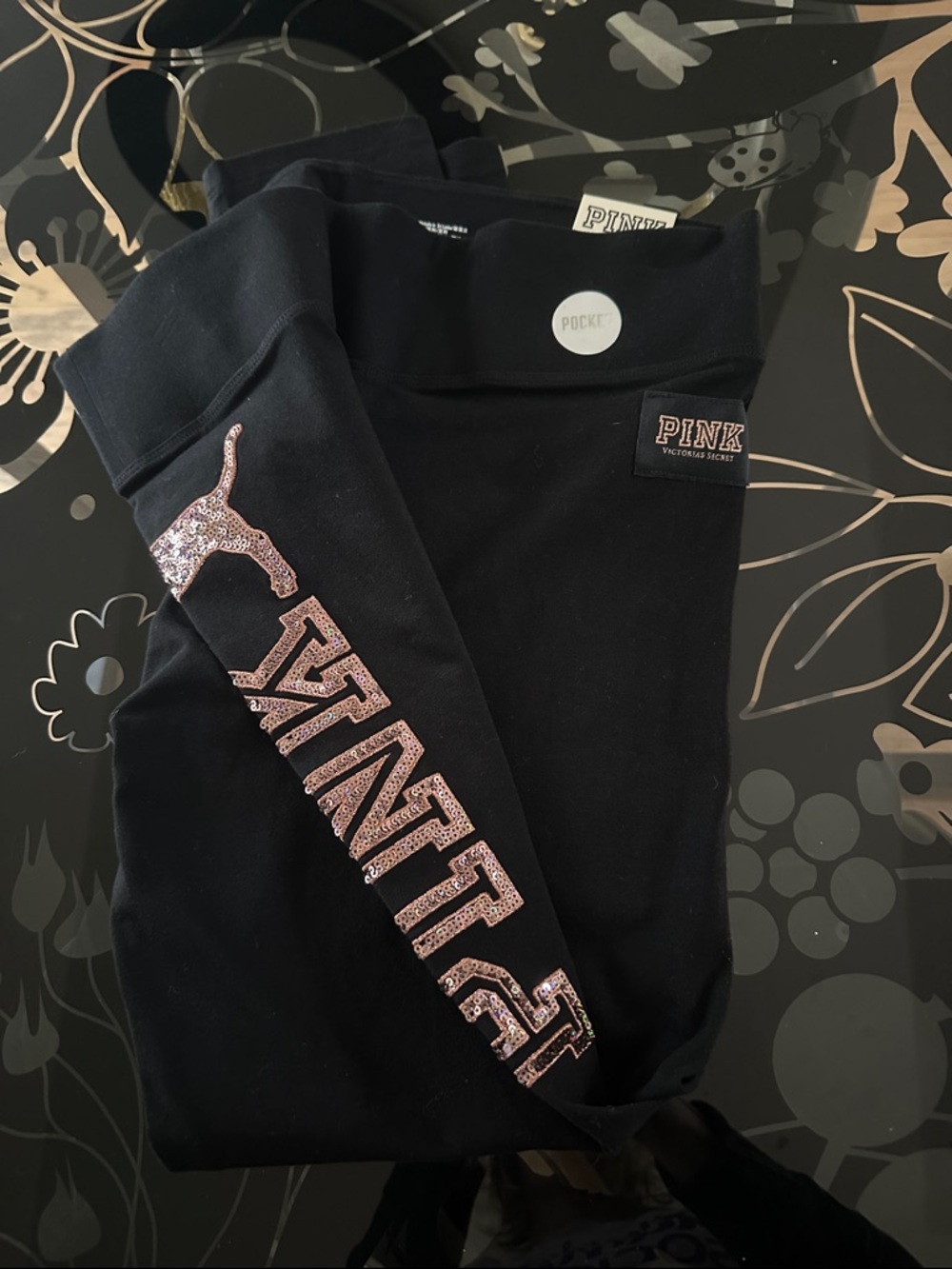 PINK Size Large Victoria’s Secret Black Leggings Rose Gold Glitter Logo NWT
